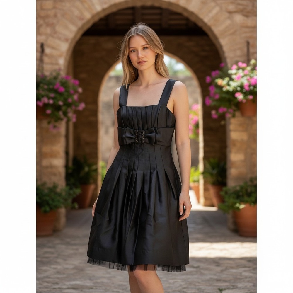 Vintage Jessica McClintock Womens 10 Black‎ Cocktail Dress Bow Gem Belt Y2K 90s